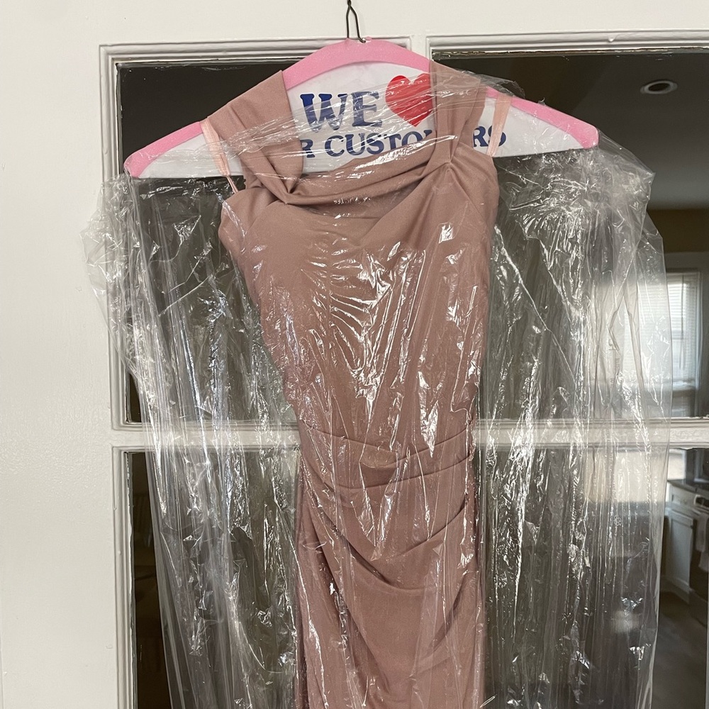 LA FEMME Mauve Off The Shoulder Satin Trumpet Gown